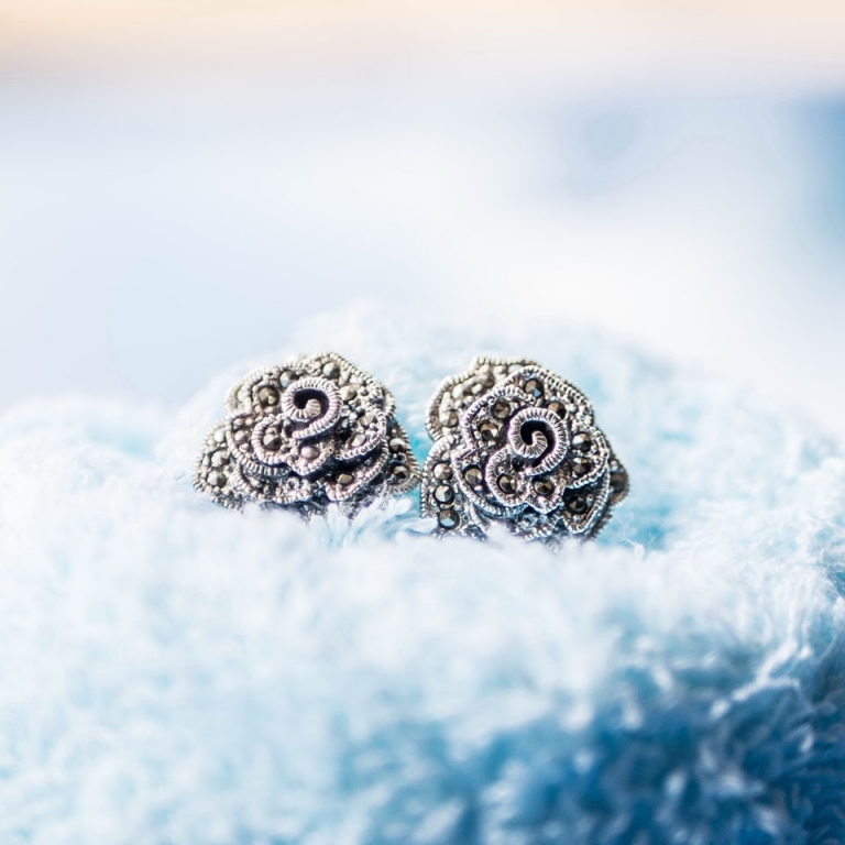 Rose stud earrings with Swiss Marcasites