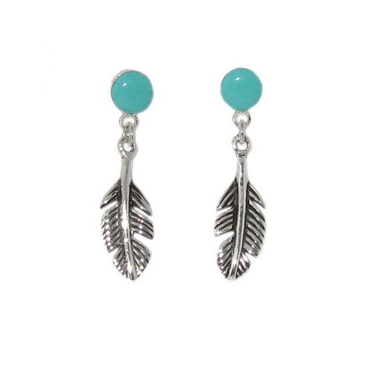 silver round stud hanging feather earrings with GreenTurquoise