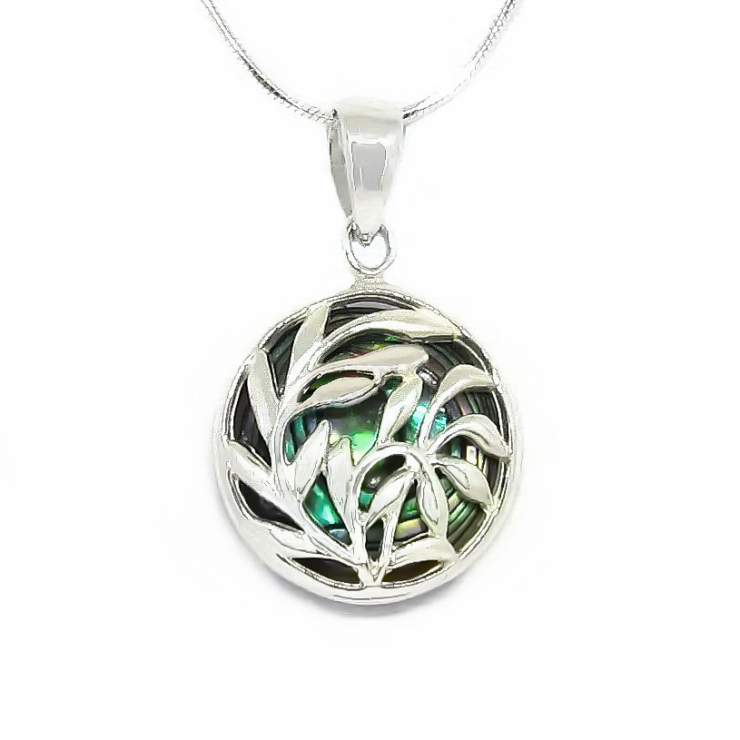 Silver?round Olive leaves pendant with Abalone /Paua shell