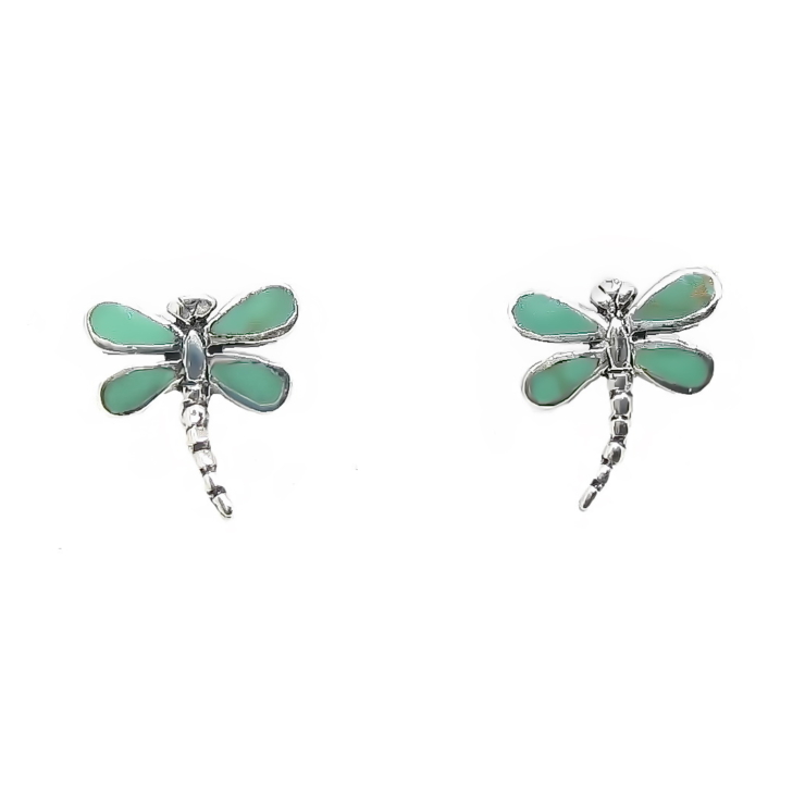 Silver Dragonfly stud earrings with Green Turquoise