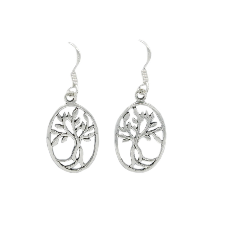 Silver Oval Open Tree of Life Earrings