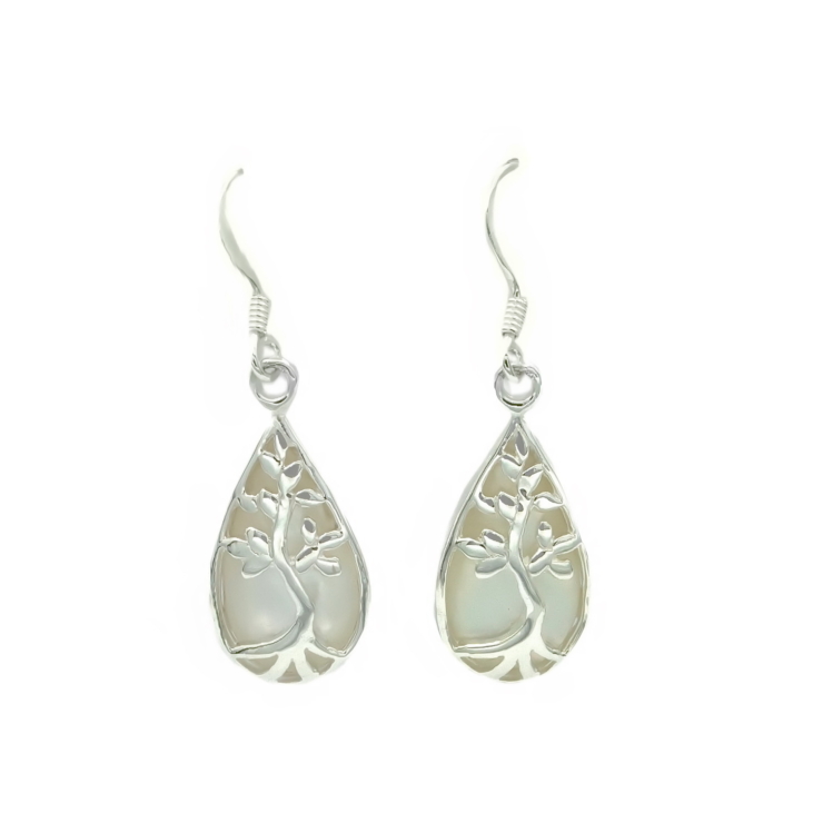 Silver Open Tree of Life in Tear drop shape Earrings with Mother of Pearl