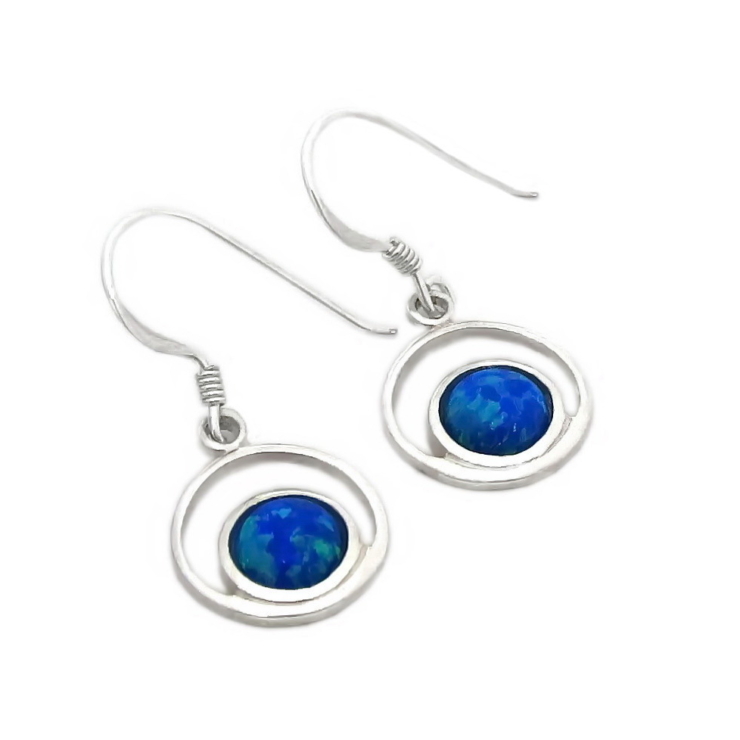 Silver Double circle Earrings with Blue Opal.