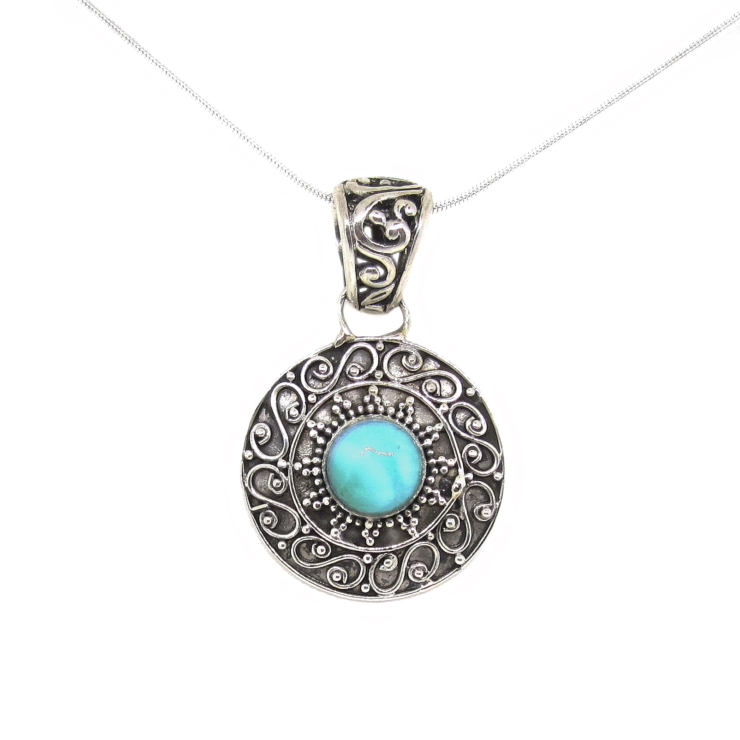 Silver Handmade Round Pendant with Natural Larimar.