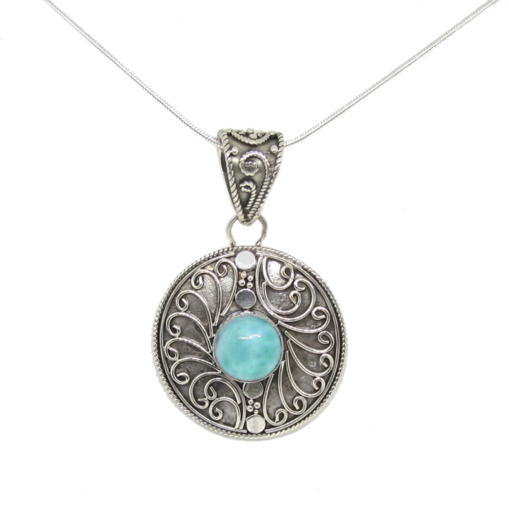 Silver Handmade Round Pendant with Natural Larimar.