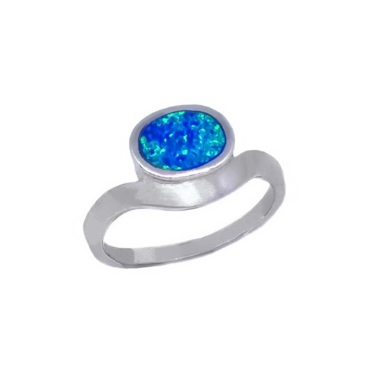 Silver Oval Band Ring With Blue Opal.