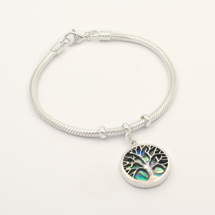 Silver 3mm Snake Chain with Double sided Abalone Tree of Life Charm Bracelet.