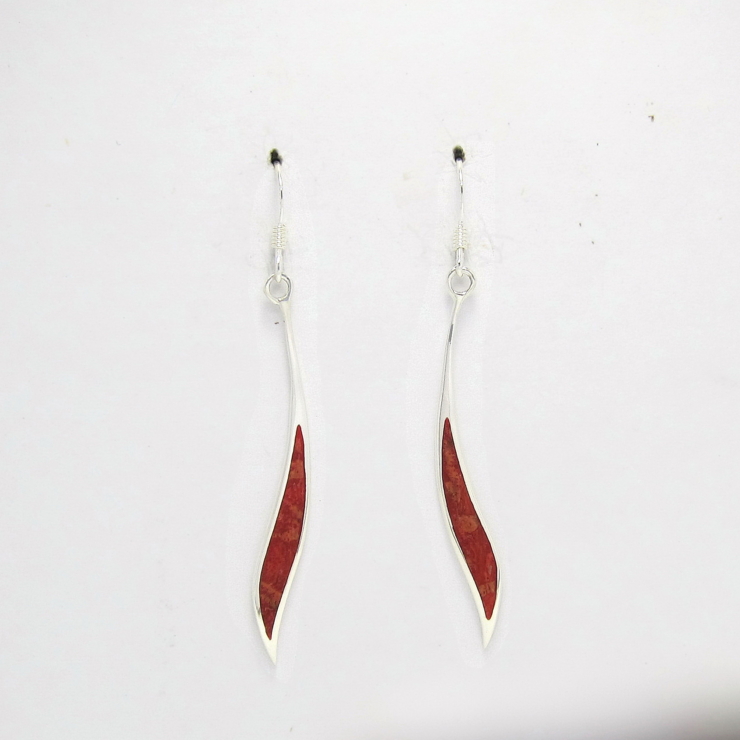 Silver Long Leaf Earrings with Sponge Coral.
