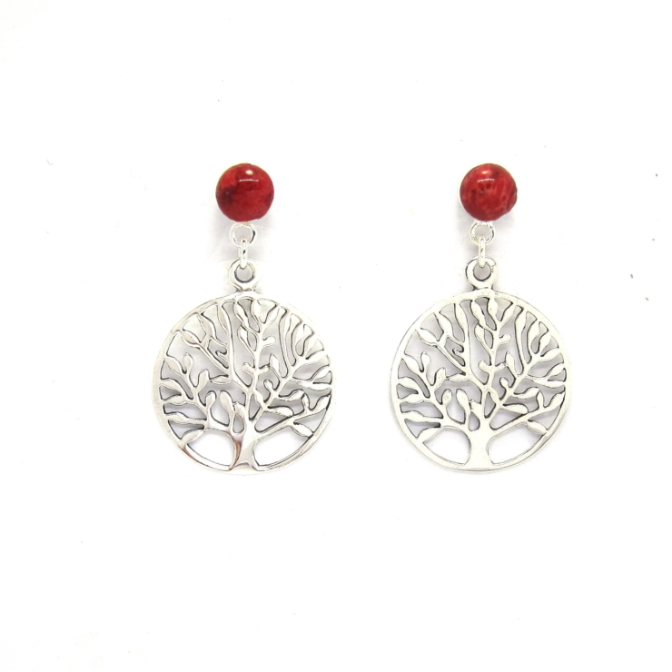 Silver Tree of Life Stud Earrings with Sponge Coral.