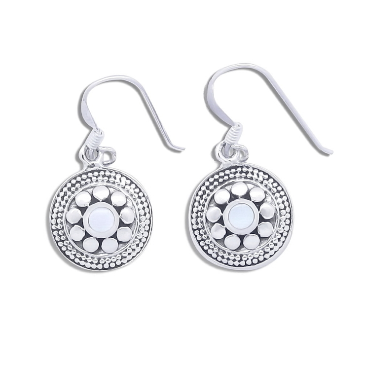 Silver Round Baliness Style Earrings with Mother of Pearl.