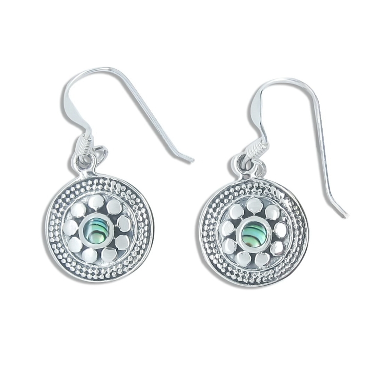 Silver Round Baliness Style Earrings with Abalone/Paua shell.