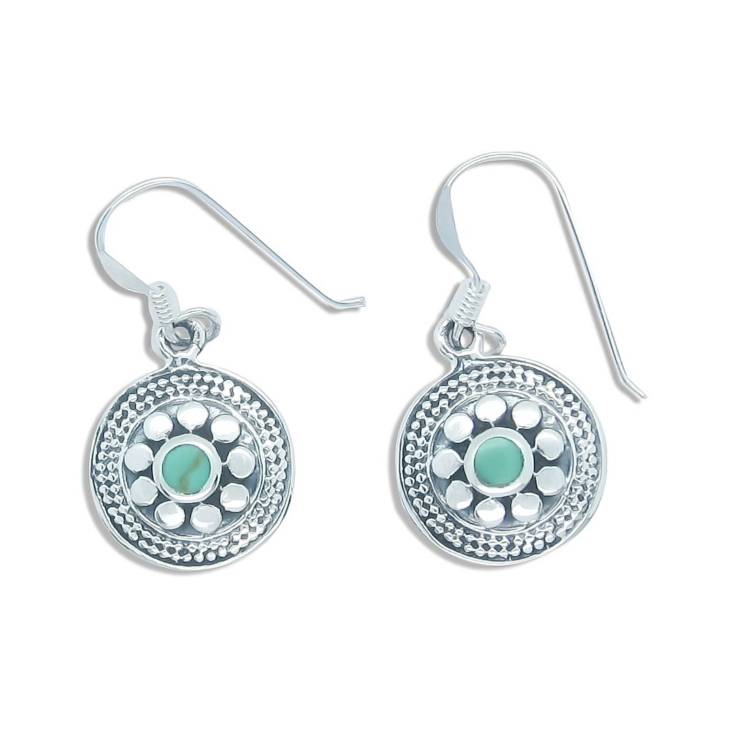Silver Round Baliness Style Earrings with Turquoise.