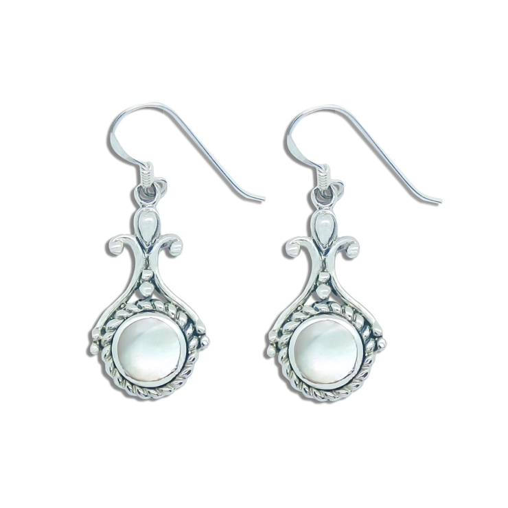 Silver Round Earrings Wrapped Rope with Mother of Pearl.