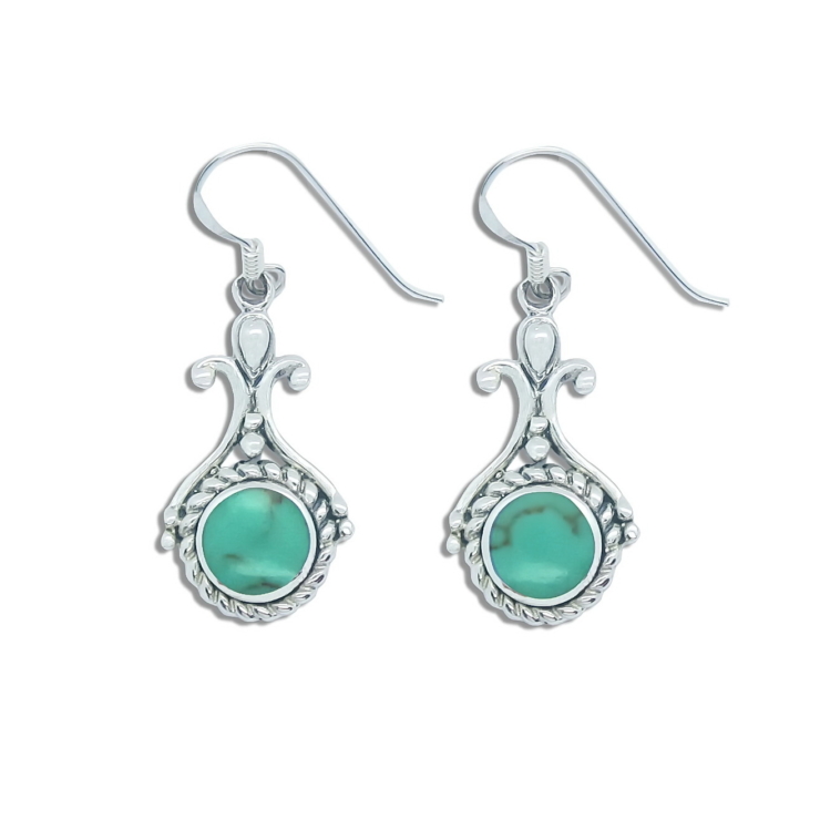 Silver Round Earrings Wrapped Rope with Turquoise.