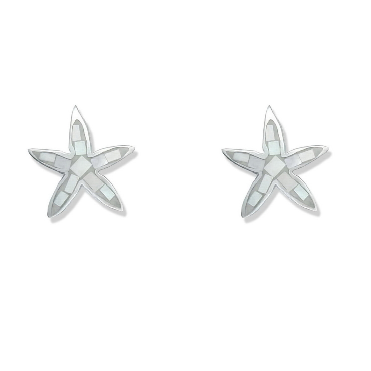 Silver Starfish stud earrings with Mother of Pearl Mosaic Chips.