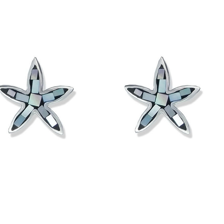 Silver Starfish stud earrings with Black Resin and Mother of Pearl Mosaic Chips.