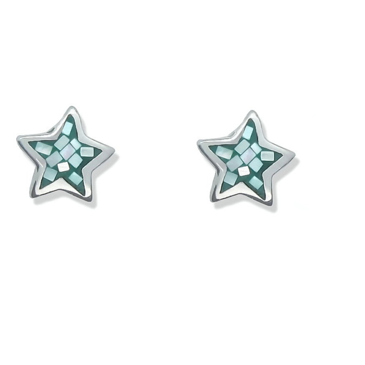 Silver Star stud earrings with Turquoise Resin and Mother of Pearl Mosaic Chips.