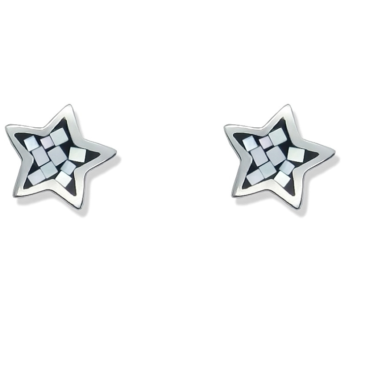 Silver Star stud earrings with Black Resin and Mother of Pearl Mosaic Chips.