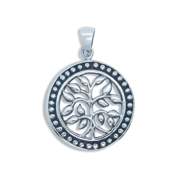 Silver Tree of Life in Circle Dots Pendant.