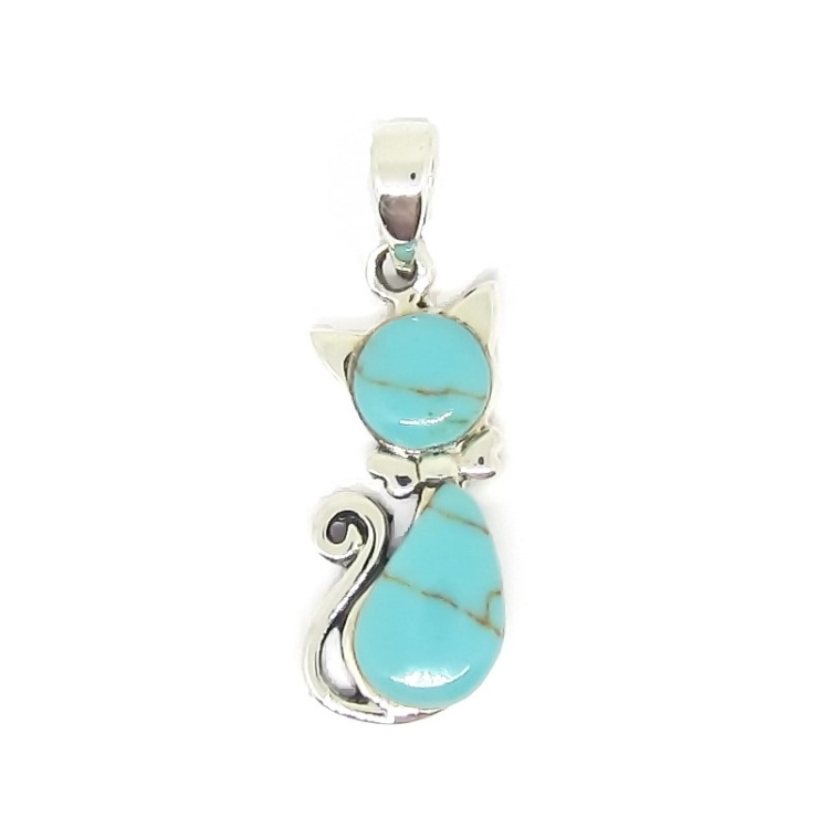 Silver Cat Pendant with Turquoise.