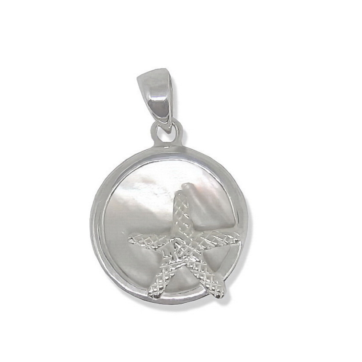 Silver Starfish in Circle Pendant with Mother of Pearl.