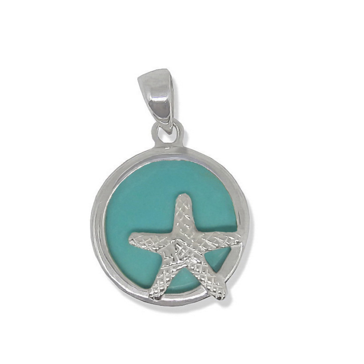 Silver Starfish in Circle Pendant with Turquoise.