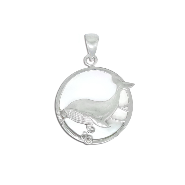 Silver Whale Pendant in Circle with Mother of Pearl.