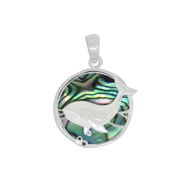 Silver Whale Pendant in Circle with Abalone/Paua shell.