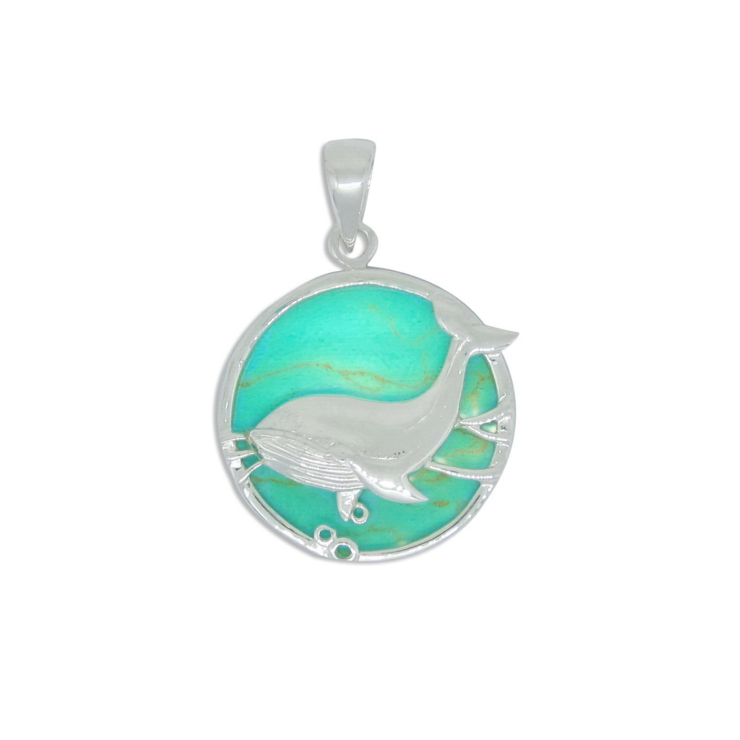 Silver Whale Pendant in Circle with Turquoise.