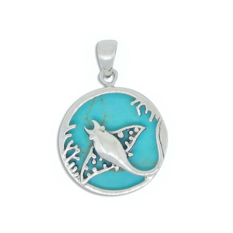 Silver Stingray Pendant in Circle with Turquoise.