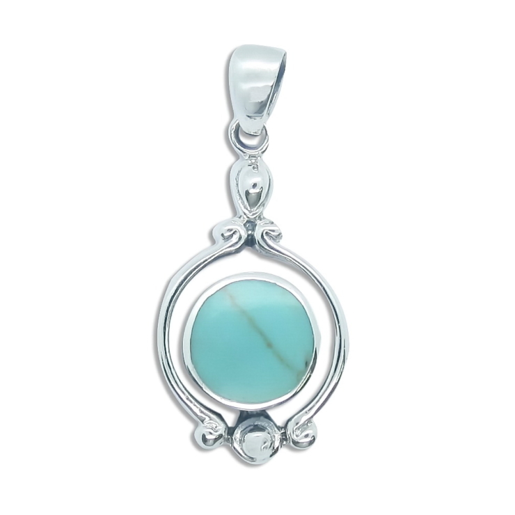 Silver Turquoise Round Shape Pendant in Wire Swirls Outline.