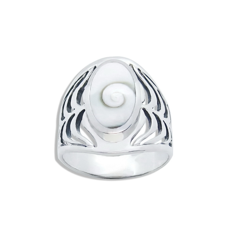 Silver Wave Stripe Ring with Oval Shiva shell.