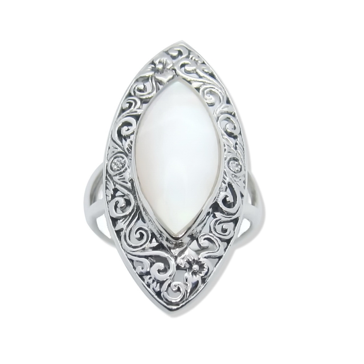 Silver Flower Vine Filigree Marquise Ring with Mother of Pearl.